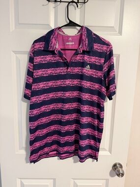 adidas Navy & Pink Striped Performance Polo